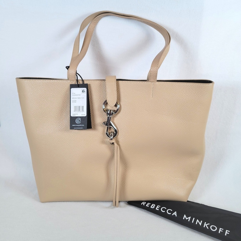Rebecca Minkoff Womens Megan Pebble Leather Triple Entry Large Tote Bag Beige